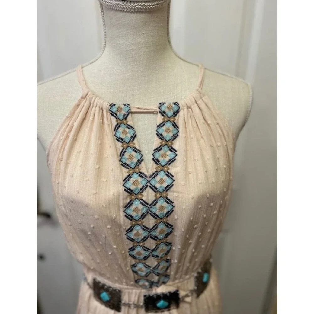 Lucky Brand Maxi Dress Womens Medium Sand Combo Embroidered Boho Western  New - Picture 3 of 13